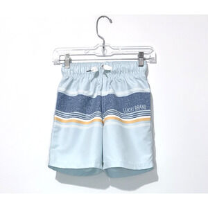 Lucky Brand Boys Swim Trunks S 8 Blue White Board Shorts Pockets Drawstring NWOT